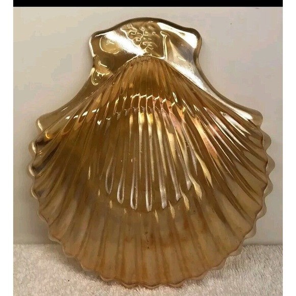 Vtg Shell Dish MCM Marigold Indiana Carnival Glass Amber Clamshell candy, coin - Picture 4 of 4